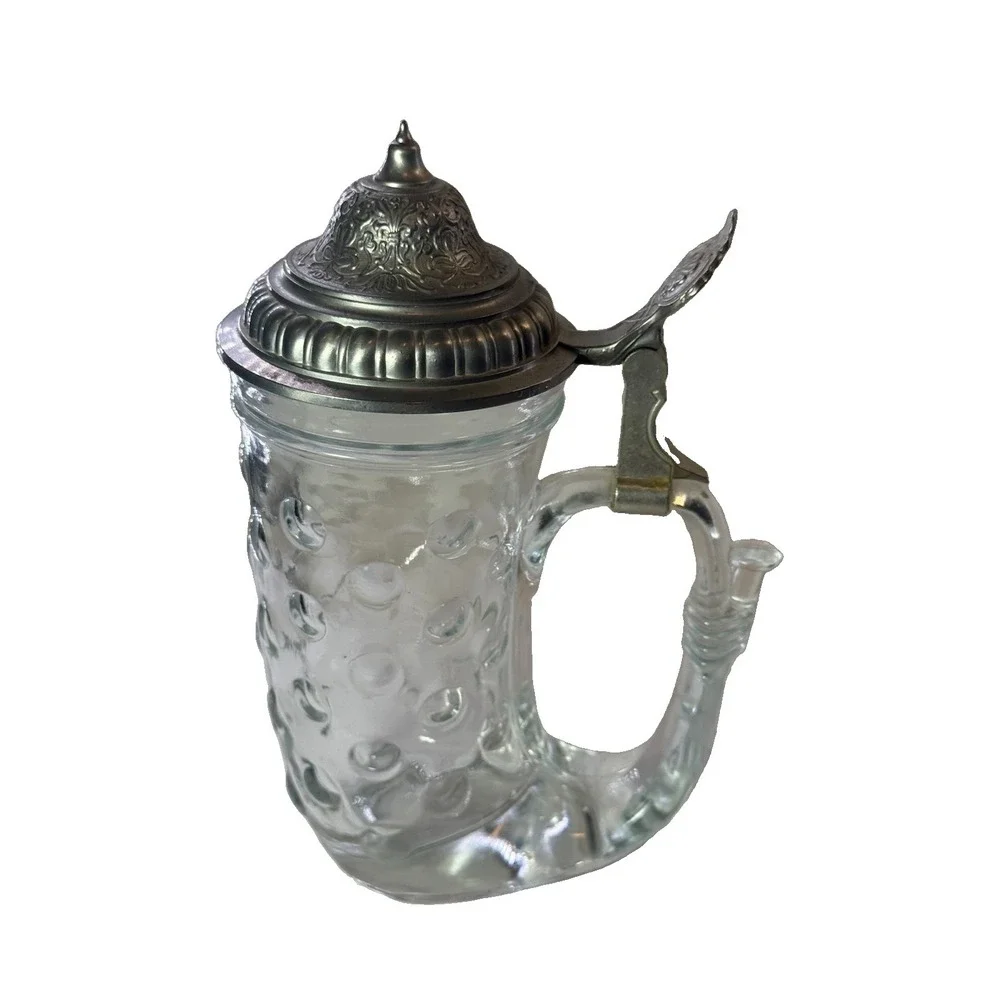 Vintage BMF West Germany Glass Viking Horn Beer Stein Pewter Lid Dimpled 8.5